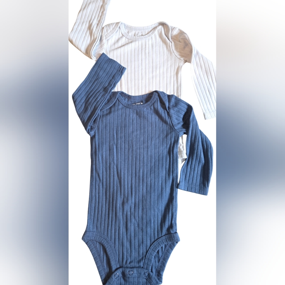 Carter's 2pc Infant Long Sleeve Ribbed Blue & White Bodysuit/Onesie Set